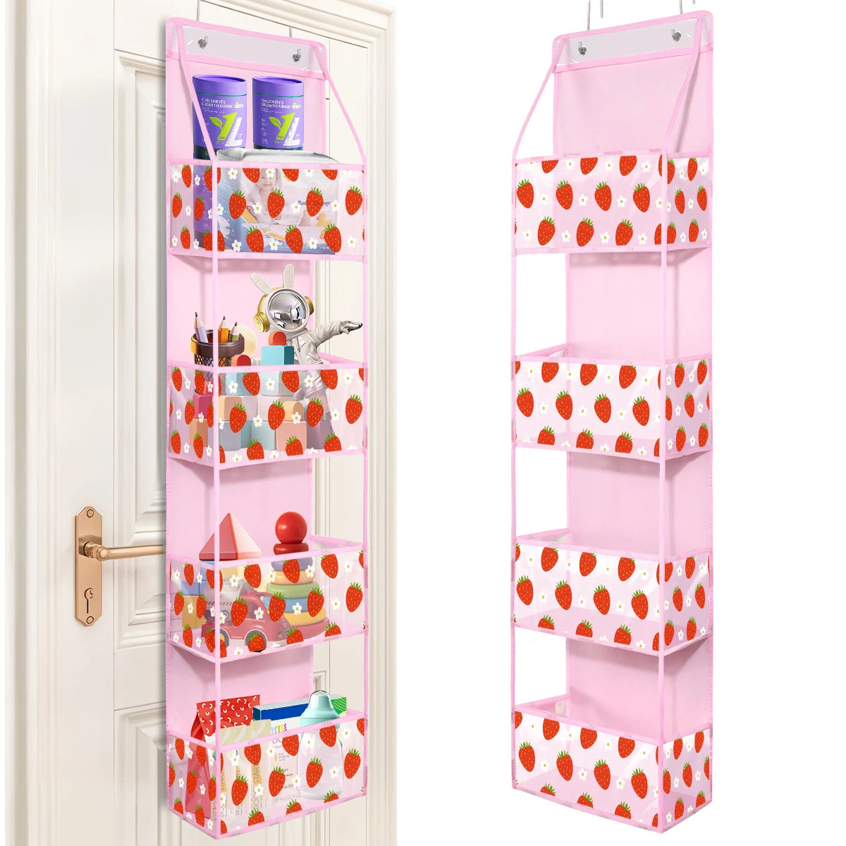 A pink over-the-door hanging organizer with clear compartments for storing various items.