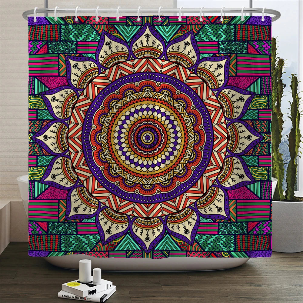 Mandala Boho Shower Curtain with Floral Print