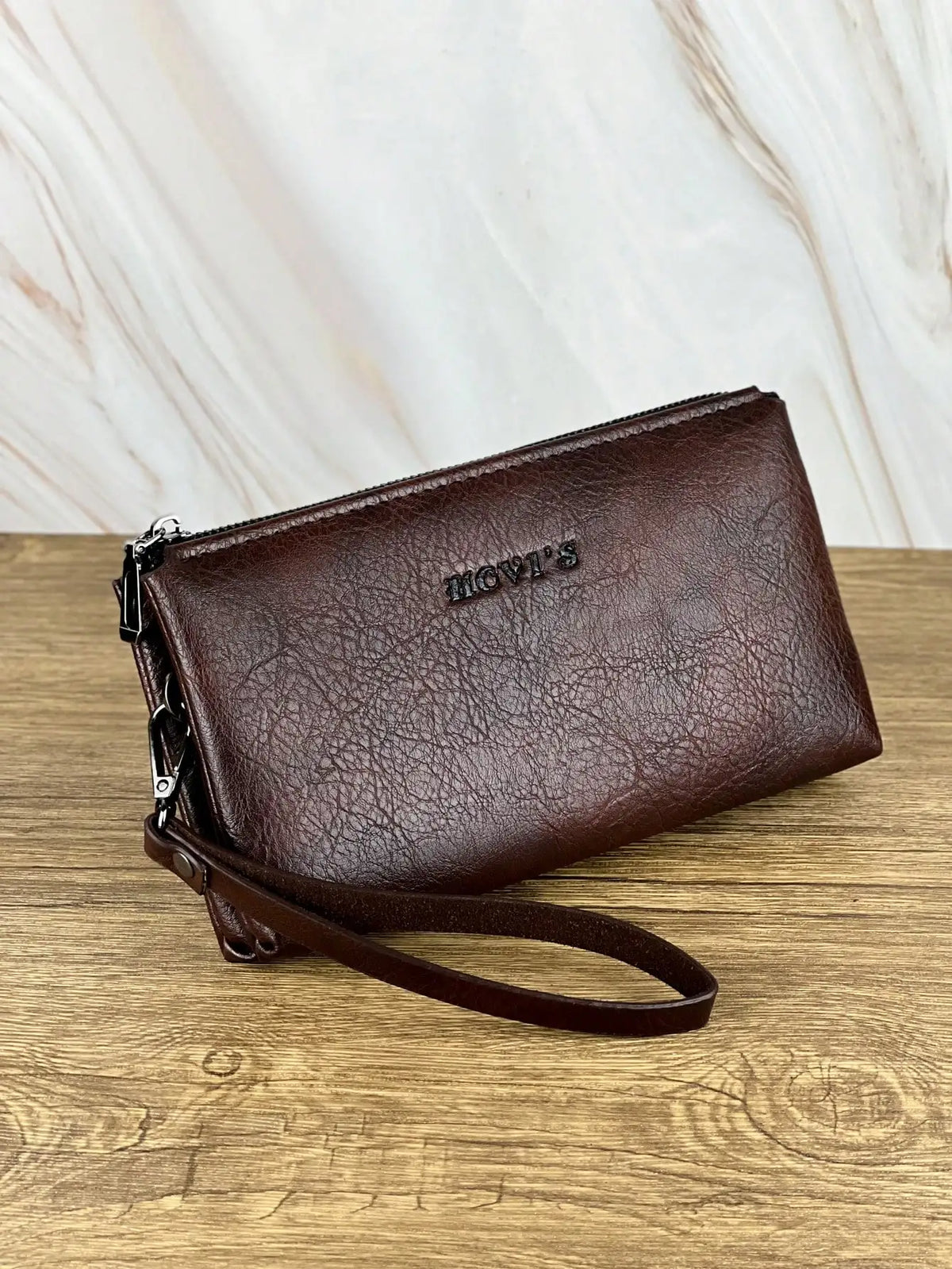 Men's Classic Leather Clutch Bag with Dual Zip Compartments