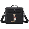 Black insulated canvas lunch bag with a gold letter J and adjustable straps