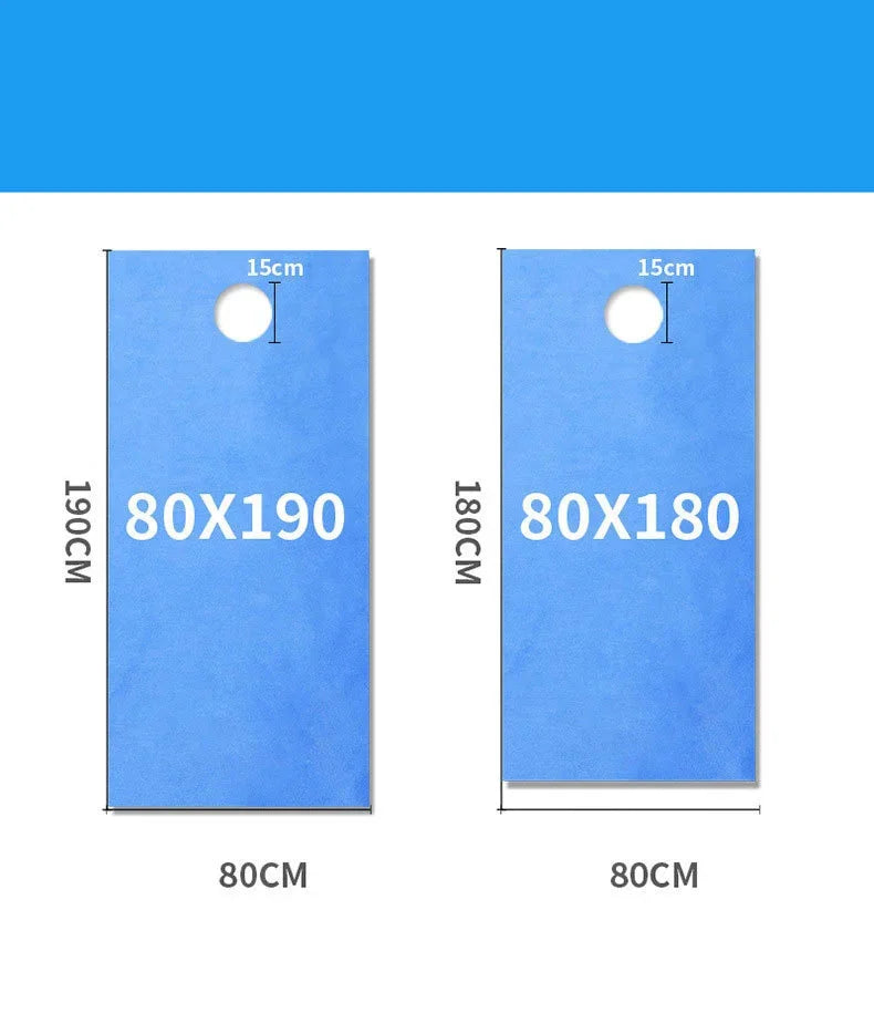 Two blue disposable bed sheets measuring 80x190 cm and 80x180 cm with a 15cm hole.
