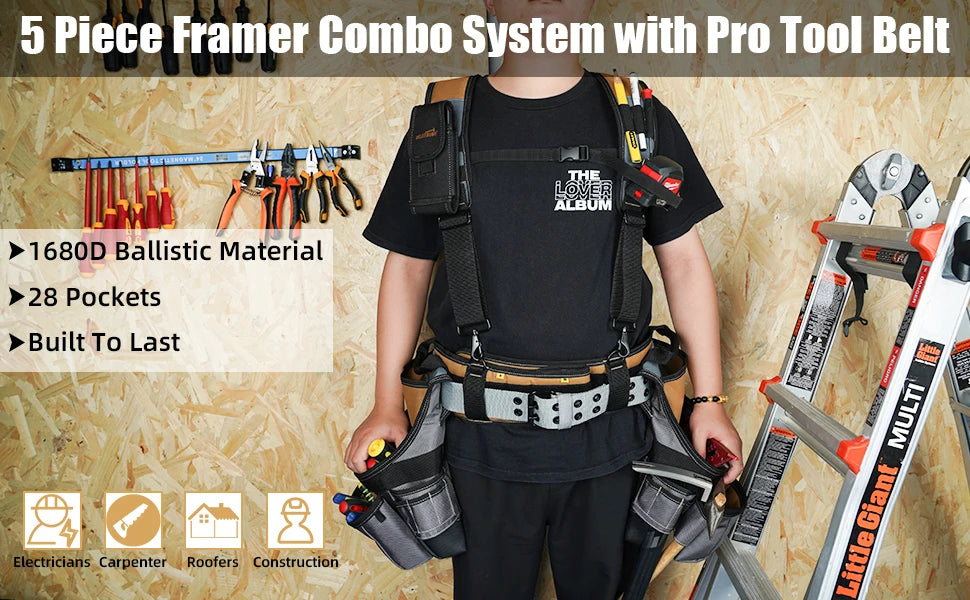 Heavy-Duty Carpenter Tool Belt with Suspenders and Pouch Set