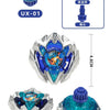 A metal spinning top battle toy featuring a blue and silver design with a launcher mechanism.