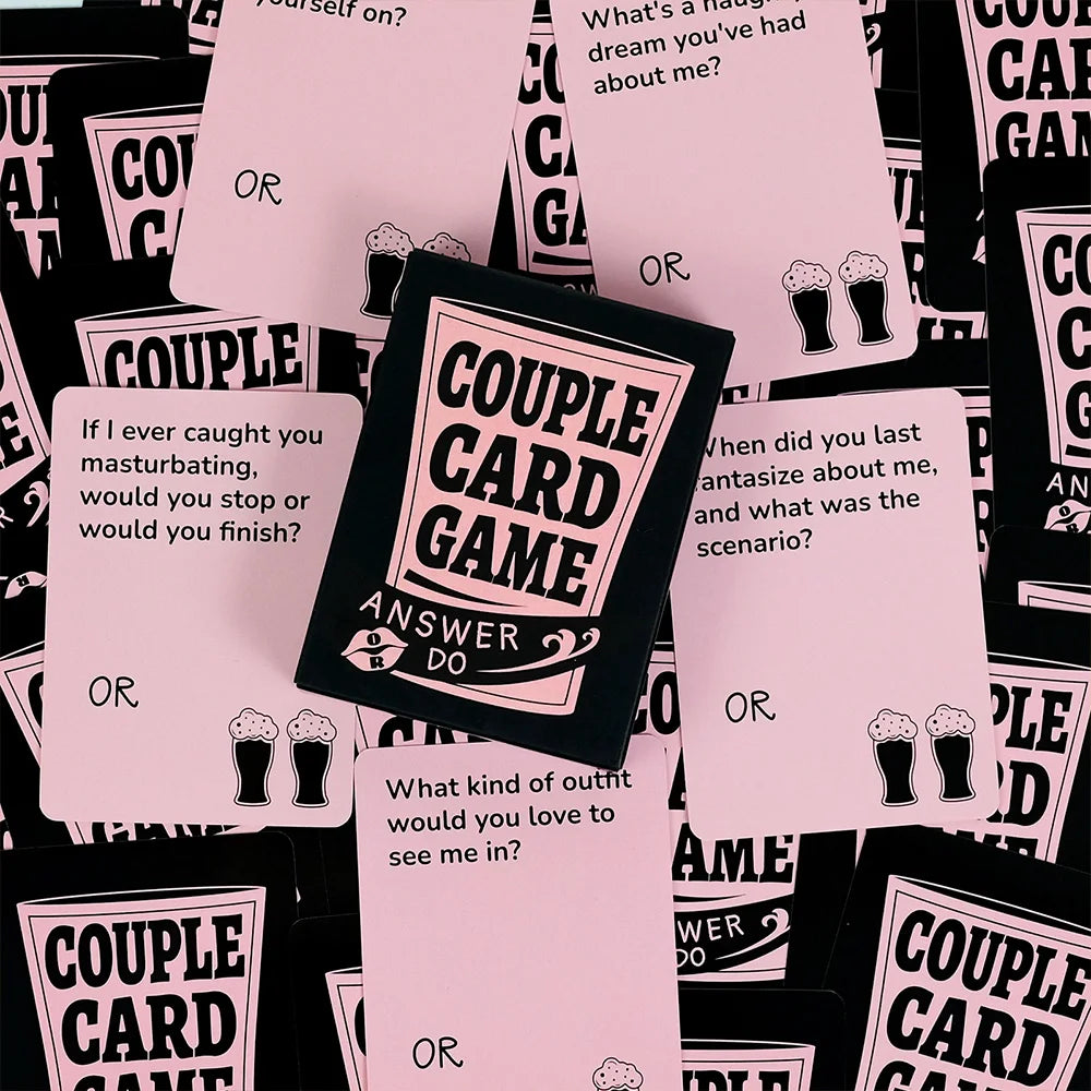 A collection of pink and black cards for a couples conversation and challenge card game