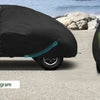Side and back schematic diagrams of a black waterproof custom-fit car cover for a VW New Beetle.