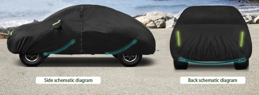 Side and back schematic diagrams of a black waterproof custom-fit car cover for a VW New Beetle.