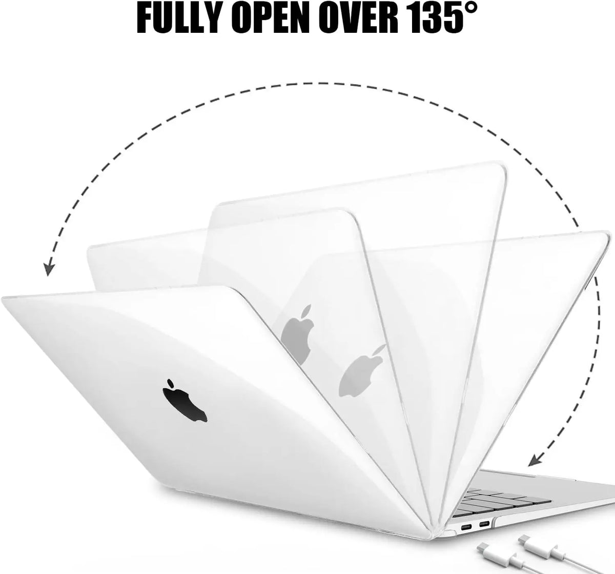 A white MacBook Air is shown with a fully open display, demonstrating its 135-degree opening capability.
