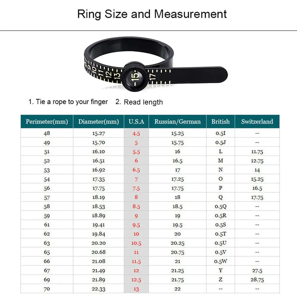A black ring sizer measuring tool with a scale and magnifier is shown.