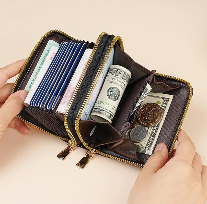 Premium PU Leather Compact Wallet with Double Zipper and Coin Pocket