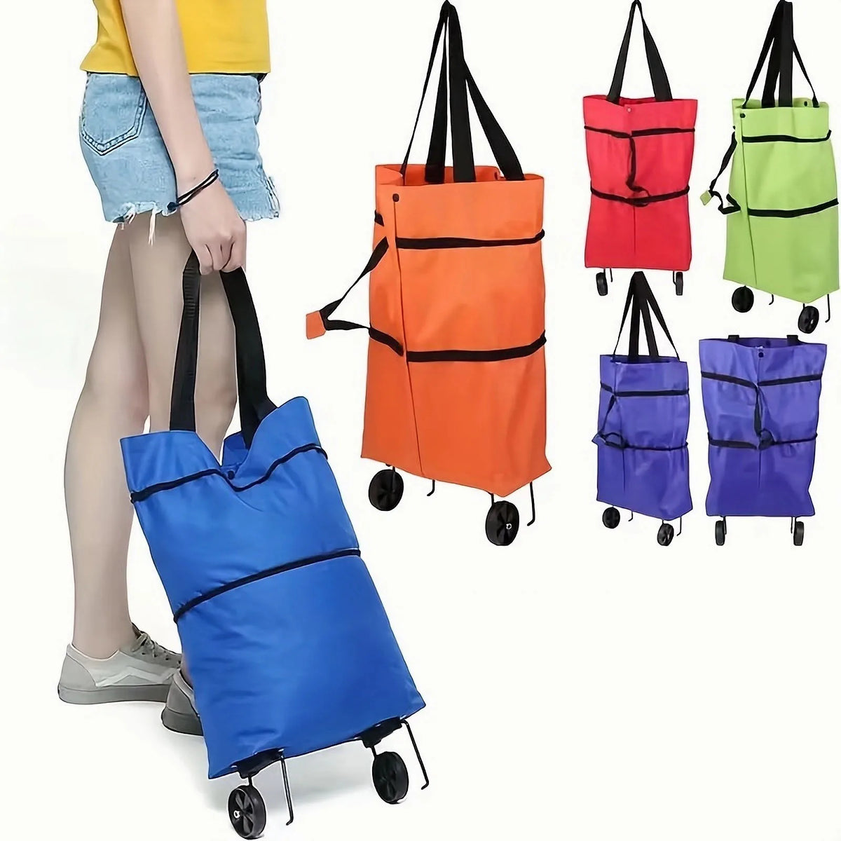 A collection of colorful foldable rolling shopping bags in blue, orange, purple, and green.