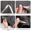 Demonstration of a bendable drawstring threader tool used to pass rope through clothing holes.