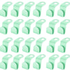 A collection of light mint green space-saving cascading hanger connectors for closet organization.
