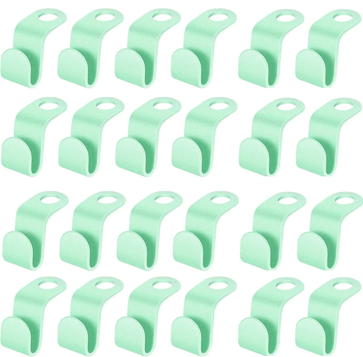 A collection of light mint green space-saving cascading hanger connectors for closet organization.
