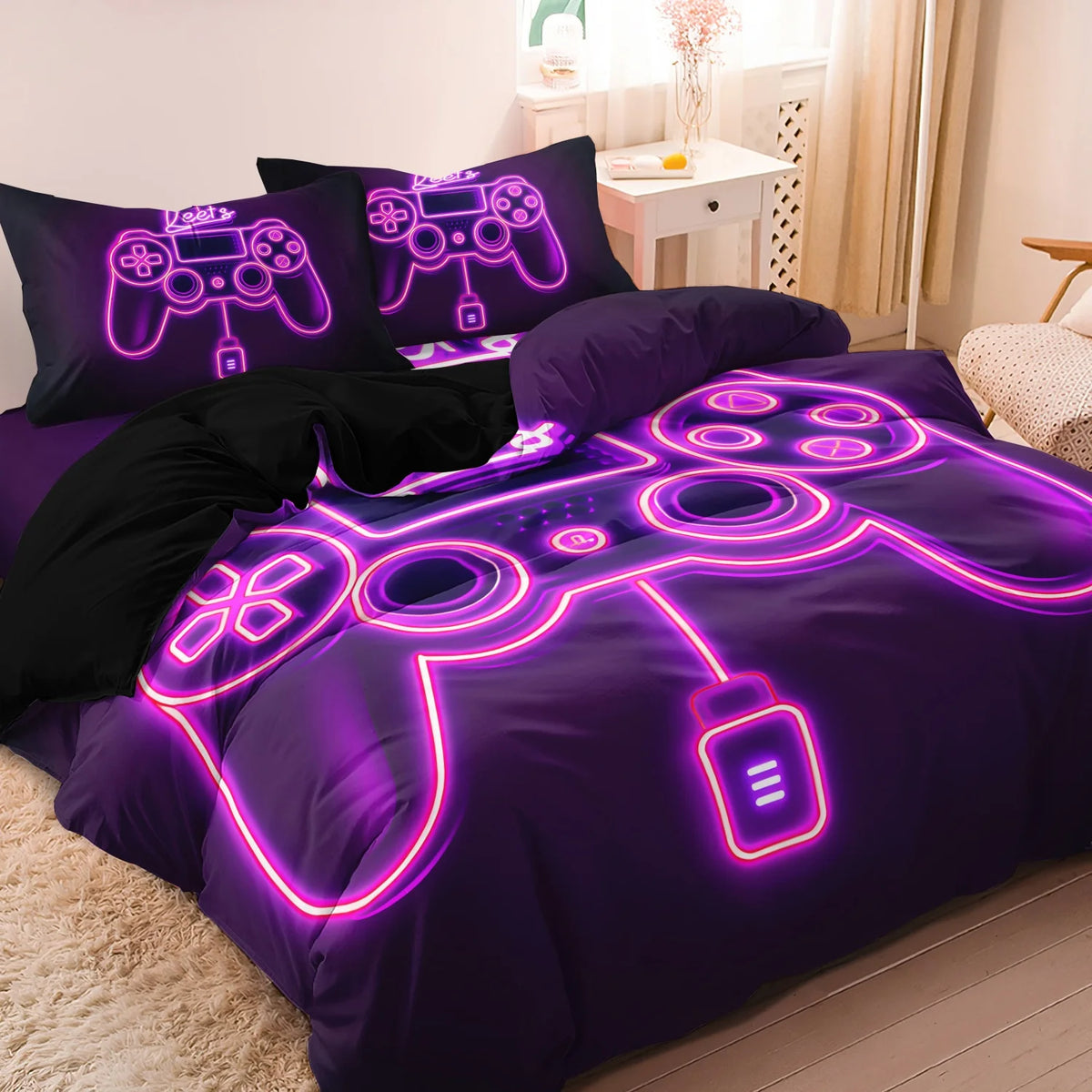 A purple duvet cover set featuring a neon pink gamer controller and keyboard print on the fabric.