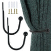 Black retro iron curtain tieback hooks with U-shaped holders and screws shown next to a teal fabric.