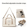 A beige quilted shoulder strap bag with adjustable straps and a matching strap shown next to a close-up view.