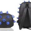 Black backpack with blue spikes and studs, shown from the back.