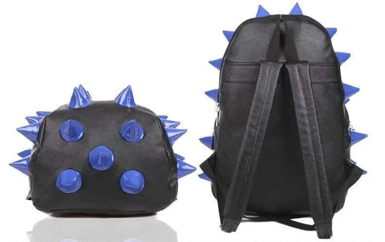 Black backpack with blue spikes and studs, shown from the back.