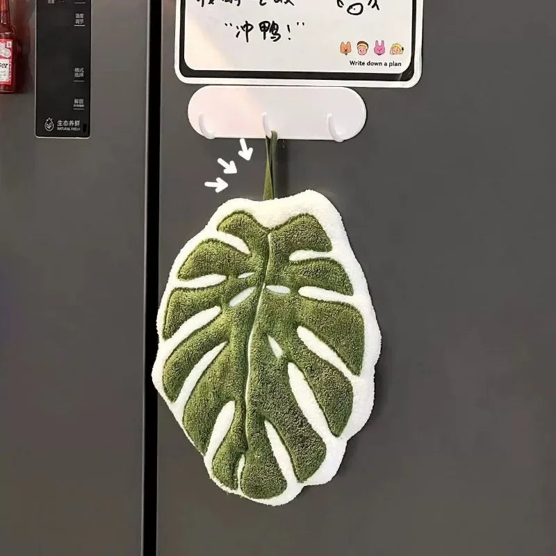 Leaf-Print Absorbent Hand Towel with Hanging Loop
