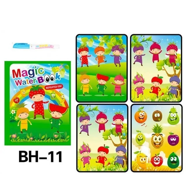 A set of nine pages from a Magic Water Book featuring colorful illustrations of children and nature scenes.
