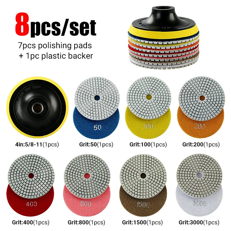 4-Inch Diamond Polishing Pads with Backer Pad (50-3000 Grit)