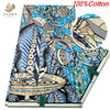 A bolt of 100% cotton African wax print fabric featuring blue, beige, and brown patterns.