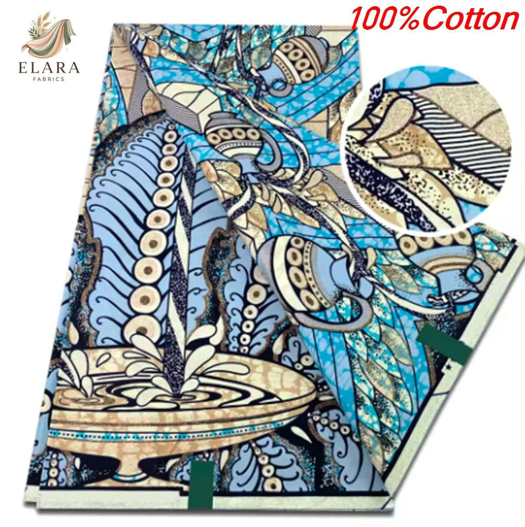 A bolt of 100% cotton African wax print fabric featuring blue, beige, and brown patterns.