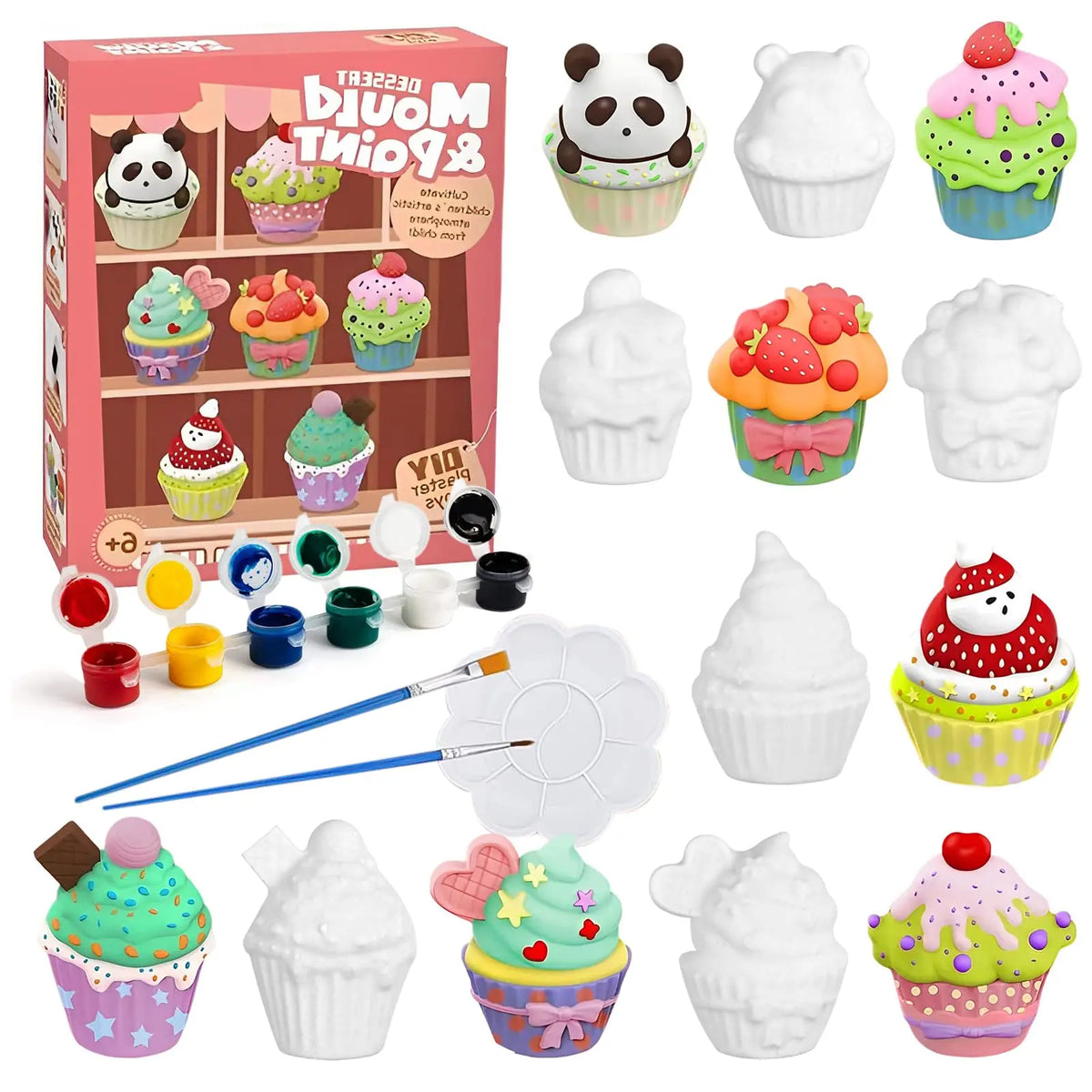 A colorful craft kit featuring various space and dinosaur themed cupcake molds and painting supplies for children.