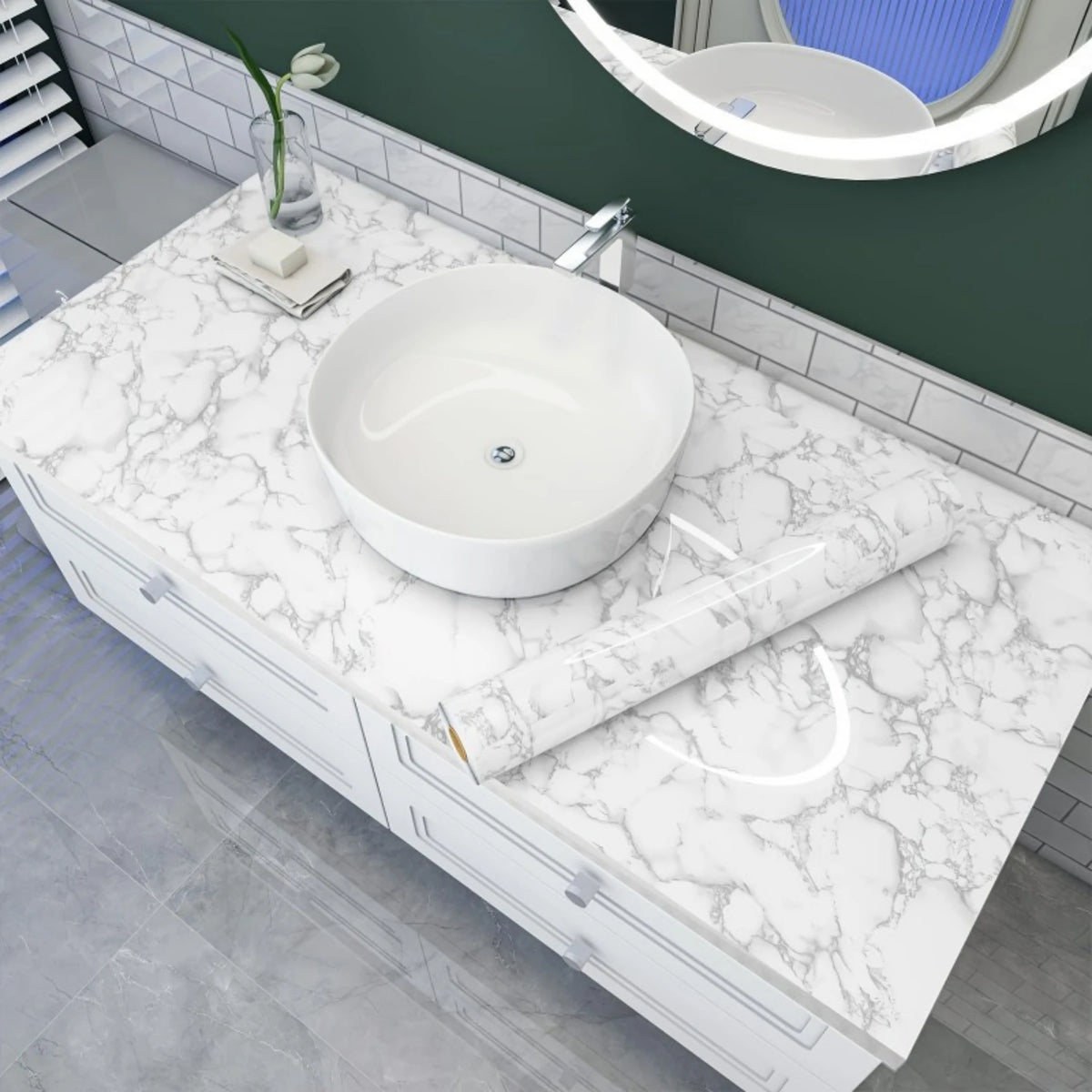 A modern bathroom vanity featuring a white vessel sink and marble countertop with gray veining.