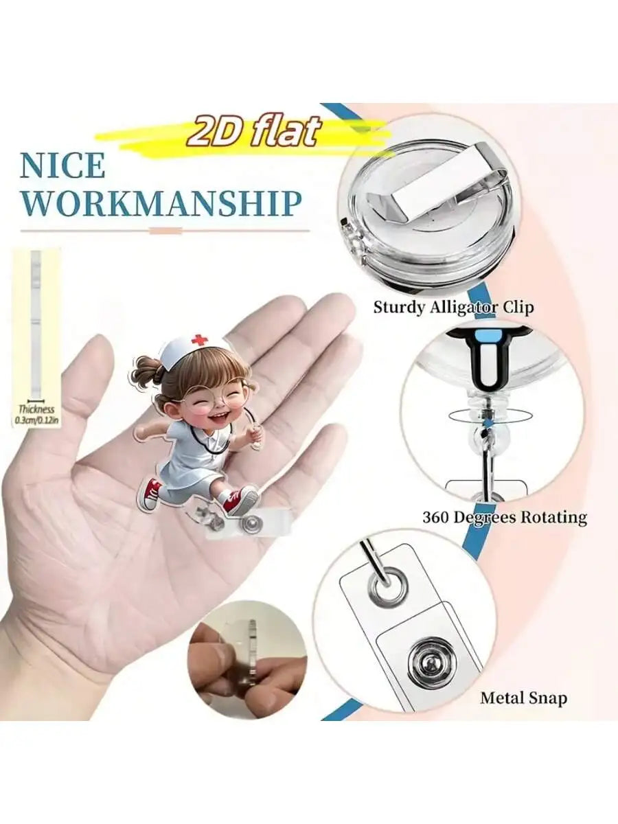 A nurse-themed retractable badge holder with an ID clip shown on a hand, highlighting its sturdy design and 360-degree rotati