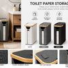 A collection of toilet paper storage bins in white, gray, black, and pink with various fabric and bamboo frames.