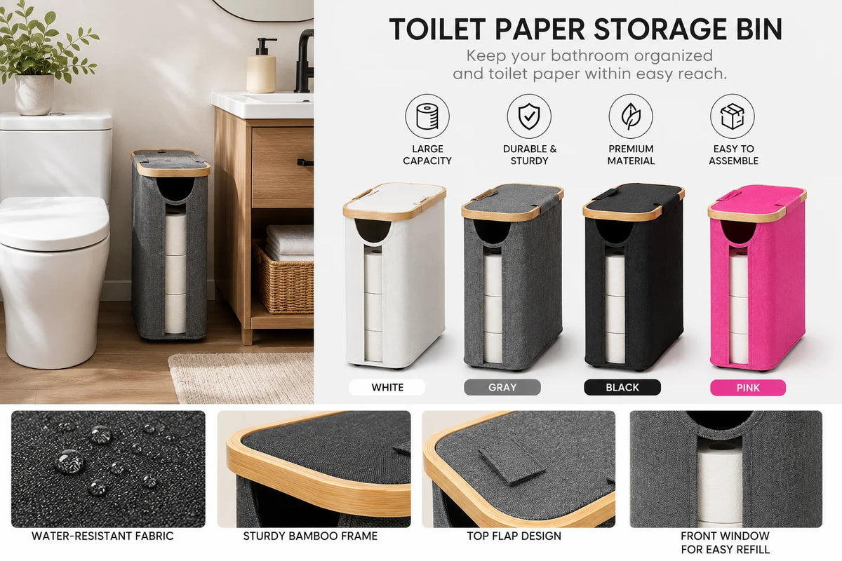 A collection of toilet paper storage bins in white, gray, black, and pink with various fabric and bamboo frames.