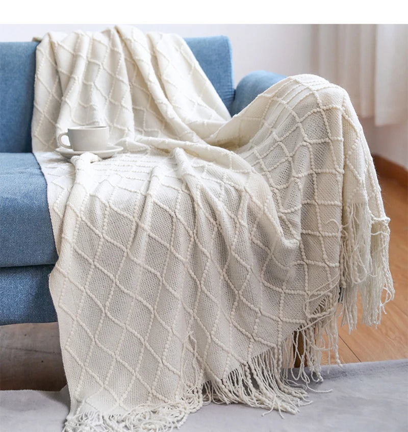 Khaki Knitted Throw Blanket with Tassels