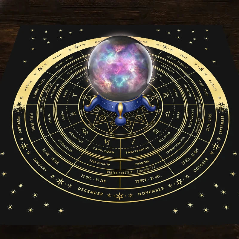 A dark cloth featuring a zodiac wheel with constellations and planets, centered by a glowing celestial sphere.