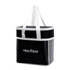 Black insulated lunch bag with white straps and mesh lining
