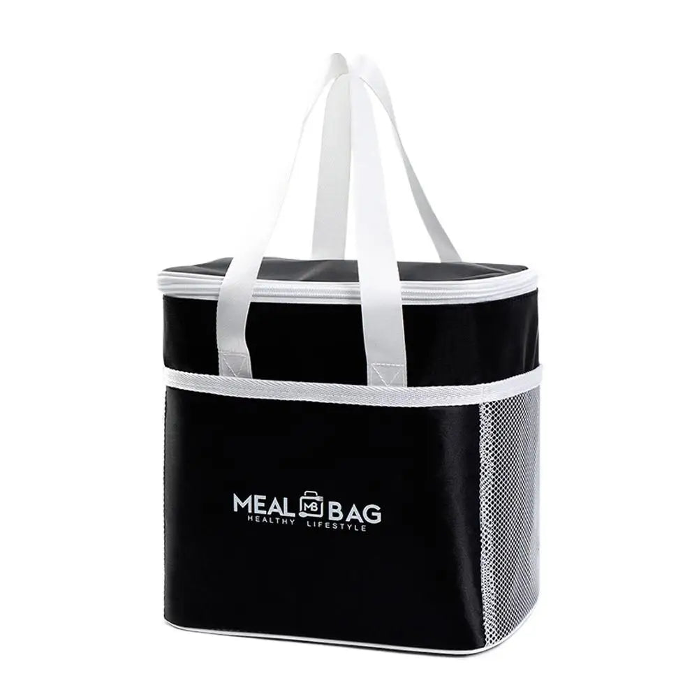 Black insulated lunch bag with white straps and mesh lining