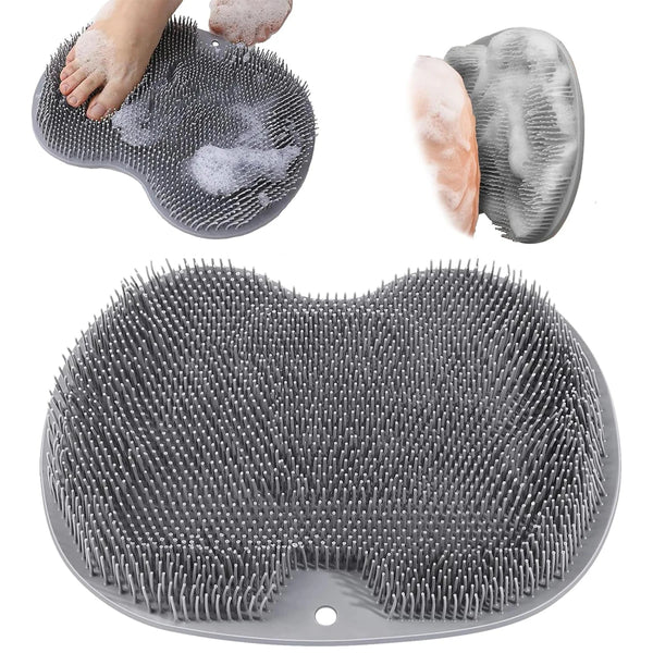 A wall-mounted shower scrubber with suction cups for feet and back, shown in various angles.