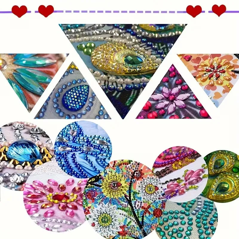 A collection of colorful, intricate diamond art coasters featuring various floral and abstract designs.