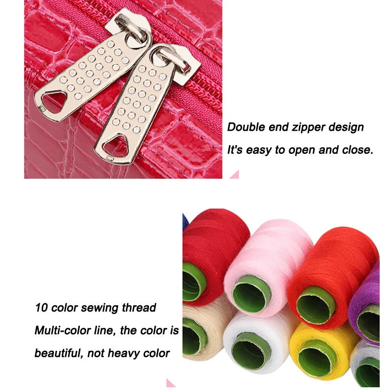 A double end zipper design for easy opening and closing shown on a red fabric, alongside 10 colors of sewing thread.