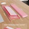 Pink acrylic keyboard stand with memory foam wrist rest showing dimensions and comfort design.