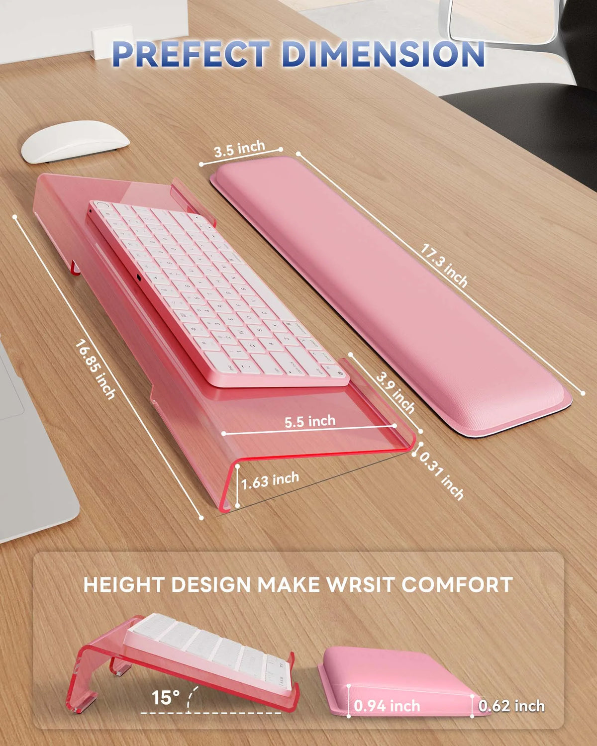 Pink acrylic keyboard stand with memory foam wrist rest showing dimensions and comfort design.
