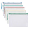 A set of ten white mesh zipper bags for classroom and craft organization in various pastel colors.