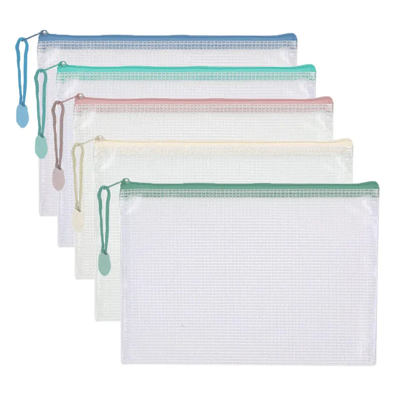 A set of ten white mesh zipper bags for classroom and craft organization in various pastel colors.