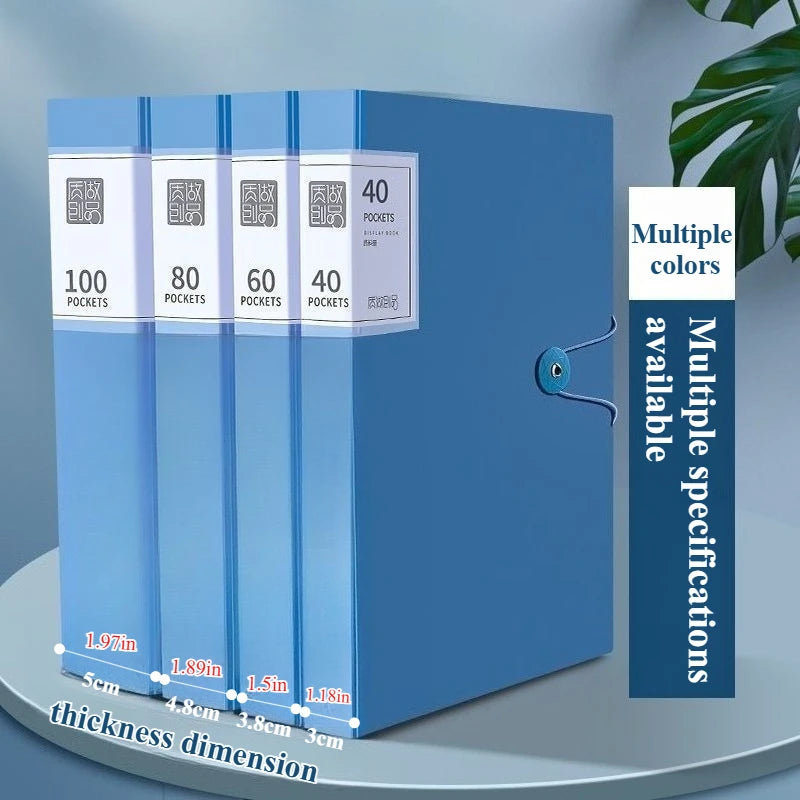 A blue A4 expanding file organizer with clear pocket dividers showing various capacity options.
