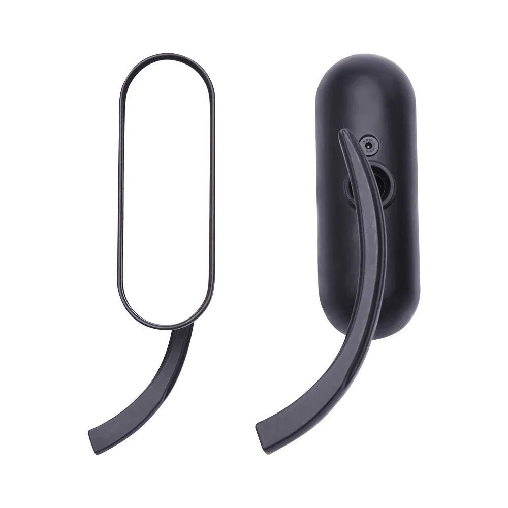 A black motorcycle side rear view mirror with a chrome mounting ring.