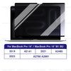 A black MacBook Pro screen with a magnetic privacy screen protector being shown alongside model year compatibility informatio