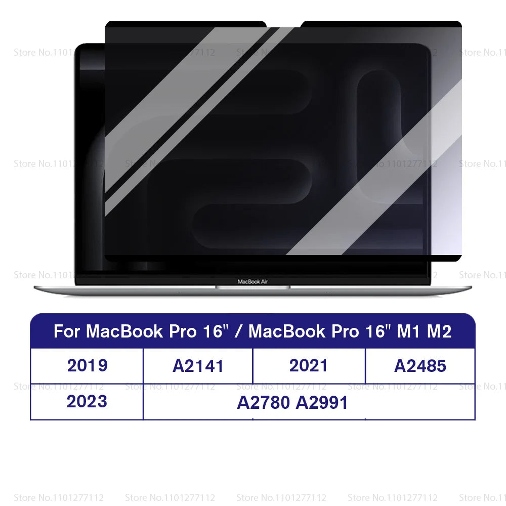 A black MacBook Pro screen with a magnetic privacy screen protector being shown alongside model year compatibility informatio