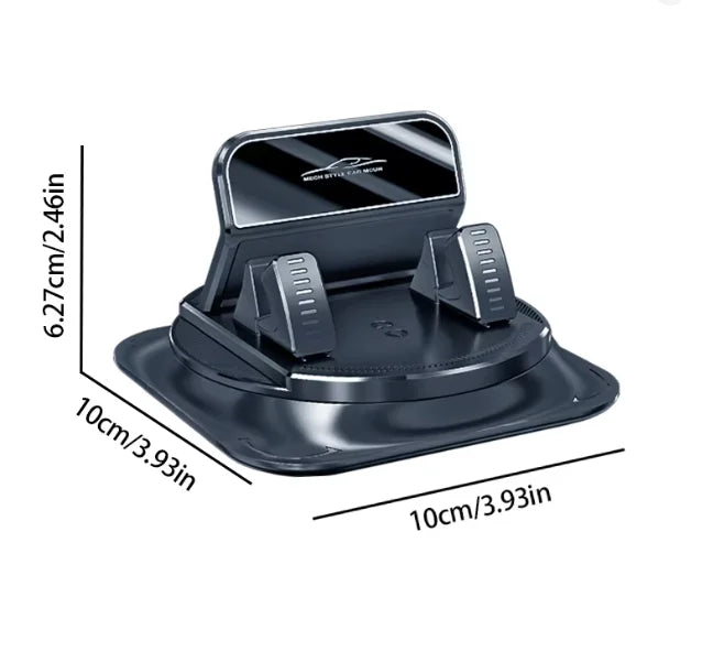 A black 360° rotatable car phone mount with a nano-gel base shown from above.
