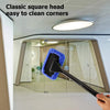 A hand holds a black car windshield cleaning tool with a blue sponge head, demonstrating its use for cleaning corners.