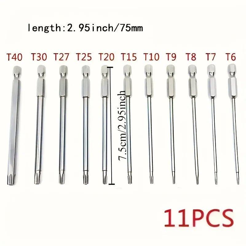 11-Piece Precision Torx Bit Set - S2 Alloy Steel, T6-T40, Long Reach